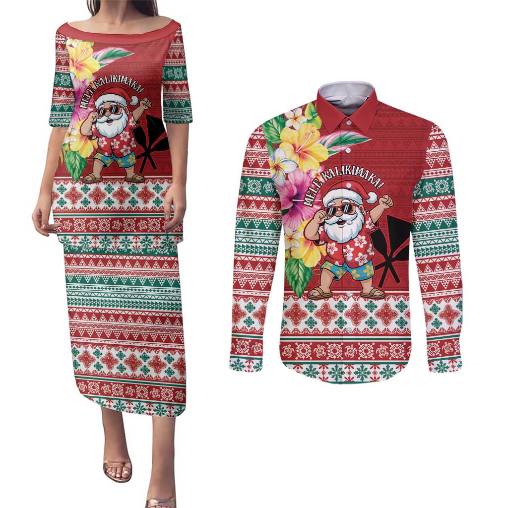 Santa Surf Mele Kalikimaka Personalized Couples Matching Puletasi and Long Sleeve Button Shirt Aloha Tropical Christmas Vibes LT9 Red - Polynesian Pride