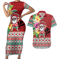 Santa Surf Mele Kalikimaka Personalized Couples Matching Short Sleeve Bodycon Dress and Hawaiian Shirt Aloha Tropical Christmas Vibes LT9 Red - Polynesian Pride
