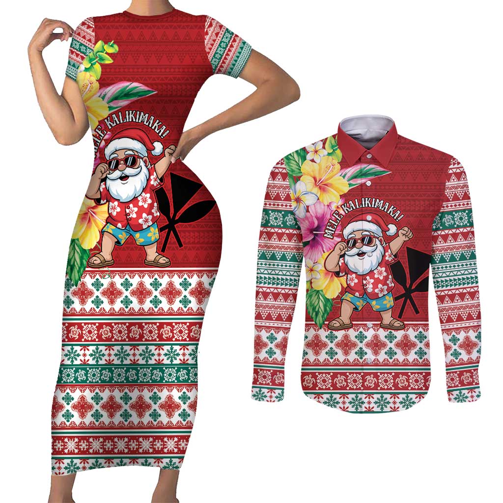 Santa Surf Mele Kalikimaka Personalized Couples Matching Short Sleeve Bodycon Dress and Long Sleeve Button Shirt Aloha Tropical Christmas Vibes LT9 Red - Polynesian Pride