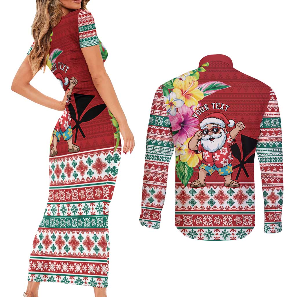Santa Surf Mele Kalikimaka Personalized Couples Matching Short Sleeve Bodycon Dress and Long Sleeve Button Shirt Aloha Tropical Christmas Vibes LT9 - Polynesian Pride