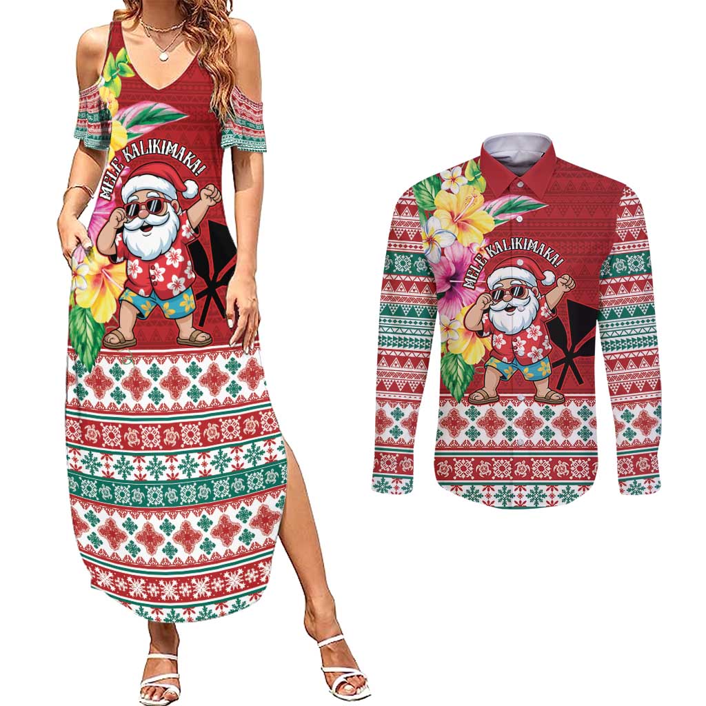 Santa Surf Mele Kalikimaka Personalized Couples Matching Summer Maxi Dress and Long Sleeve Button Shirt Aloha Tropical Christmas Vibes LT9 Red - Polynesian Pride