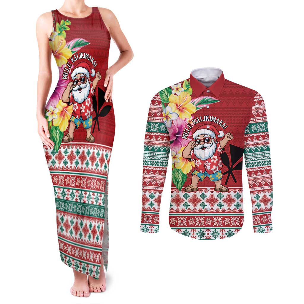 Santa Surf Mele Kalikimaka Personalized Couples Matching Tank Maxi Dress and Long Sleeve Button Shirt Aloha Tropical Christmas Vibes LT9 Red - Polynesian Pride