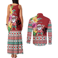 Santa Surf Mele Kalikimaka Personalized Couples Matching Tank Maxi Dress and Long Sleeve Button Shirt Aloha Tropical Christmas Vibes LT9 - Polynesian Pride