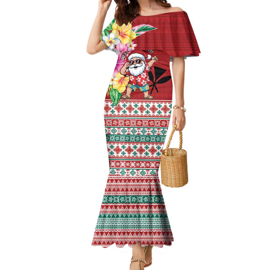 Santa Surf Mele Kalikimaka Personalized Family Matching Mermaid Dress and Hawaiian Shirt Aloha Tropical Christmas Vibes LT9 Mom's Dress Red - Polynesian Pride