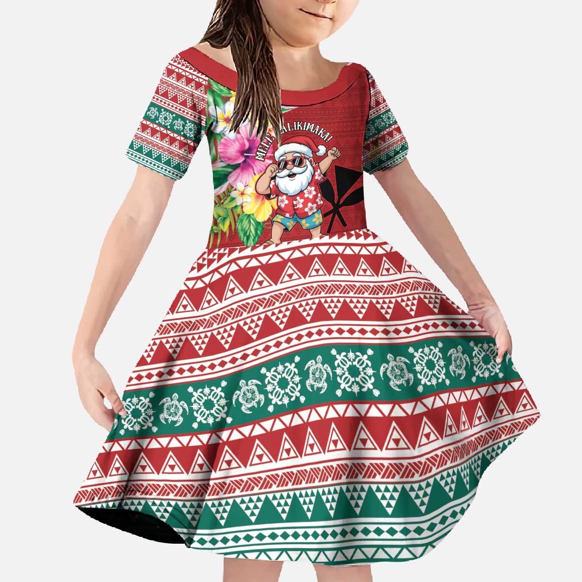 Santa Surf Mele Kalikimaka Personalized Family Matching Off The Shoulder Long Sleeve Dress and Hawaiian Shirt Aloha Tropical Christmas Vibes LT9 Daughter's Dress Red - Polynesian Pride