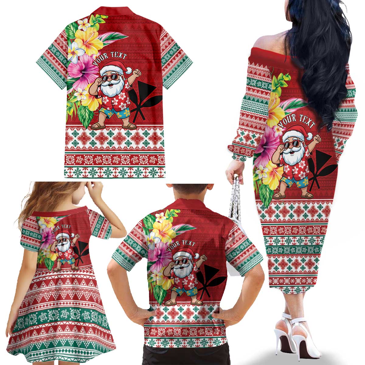 Santa Surf Mele Kalikimaka Personalized Family Matching Off The Shoulder Long Sleeve Dress and Hawaiian Shirt Aloha Tropical Christmas Vibes LT9 - Polynesian Pride