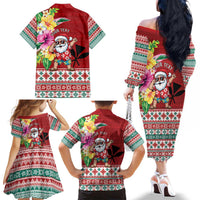 Santa Surf Mele Kalikimaka Personalized Family Matching Off The Shoulder Long Sleeve Dress and Hawaiian Shirt Aloha Tropical Christmas Vibes LT9 - Polynesian Pride