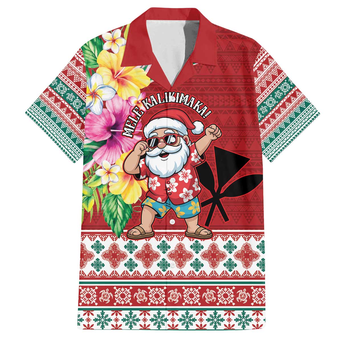 Santa Surf Mele Kalikimaka Personalized Family Matching Off The Shoulder Long Sleeve Dress and Hawaiian Shirt Aloha Tropical Christmas Vibes LT9 Dad's Shirt - Short Sleeve Red - Polynesian Pride