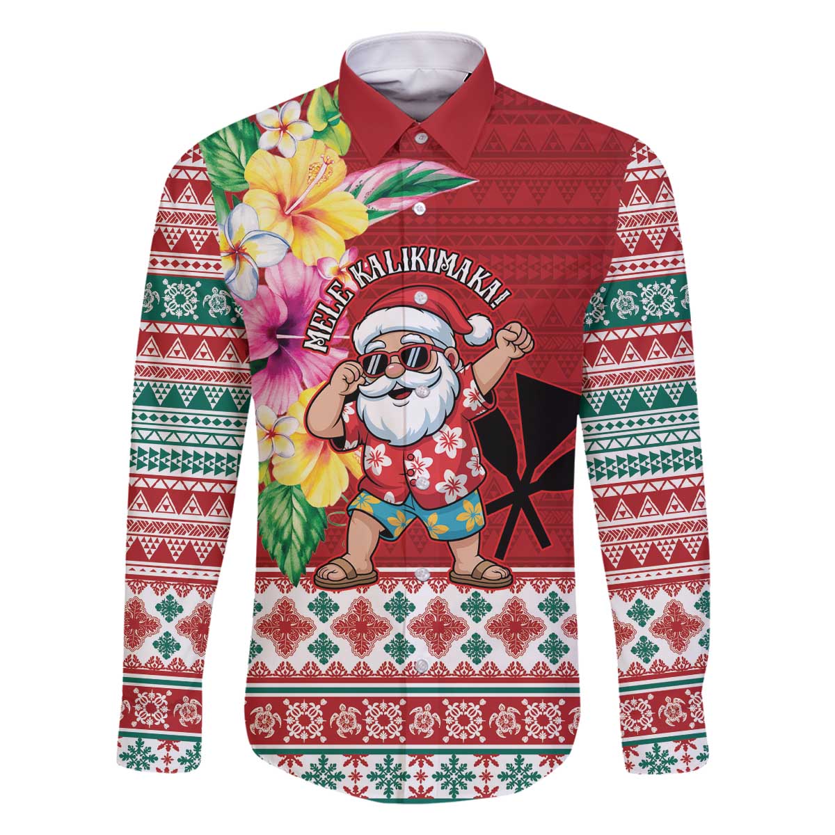 Santa Surf Mele Kalikimaka Personalized Family Matching Off The Shoulder Long Sleeve Dress and Hawaiian Shirt Aloha Tropical Christmas Vibes LT9 Dad's Shirt - Long Sleeve Red - Polynesian Pride