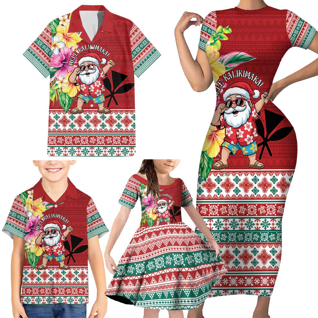 Santa Surf Mele Kalikimaka Personalized Family Matching Short Sleeve Bodycon Dress and Hawaiian Shirt Aloha Tropical Christmas Vibes LT9 - Polynesian Pride