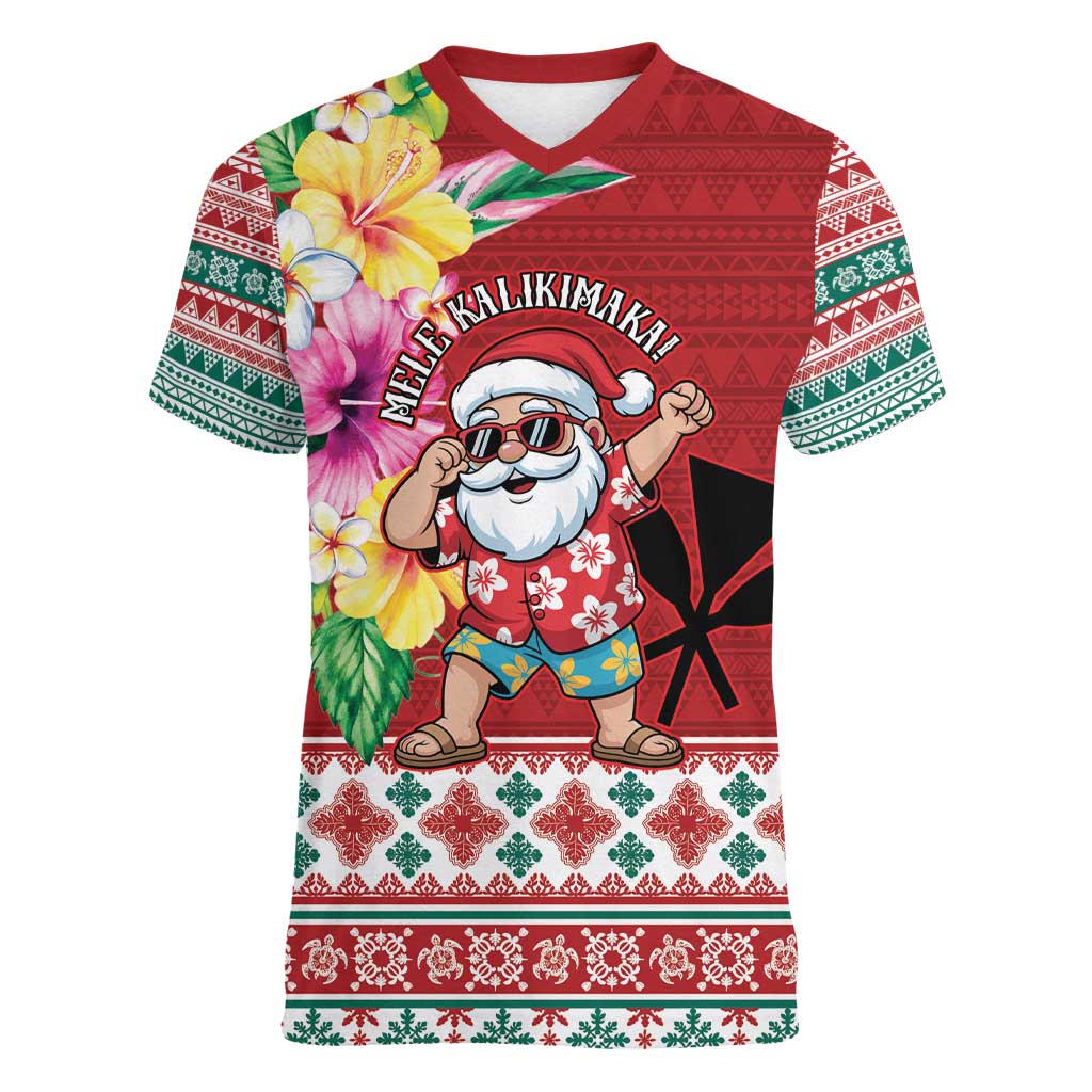 Santa Surf Mele Kalikimaka Personalized Women V-Neck T-Shirt Aloha Tropical Christmas Vibes LT9 Female Red - Polynesian Pride