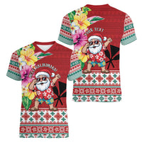 Santa Surf Mele Kalikimaka Personalized Women V-Neck T-Shirt Aloha Tropical Christmas Vibes LT9 - Polynesian Pride