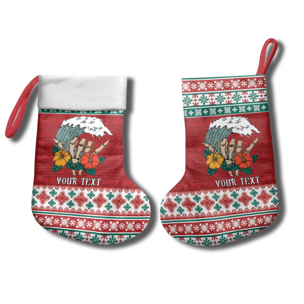 Shaka Sign Skull Mele Kalikimaka Personalized Christmas Stocking Hawaiian Quilt Pattern - Polynesian Pride