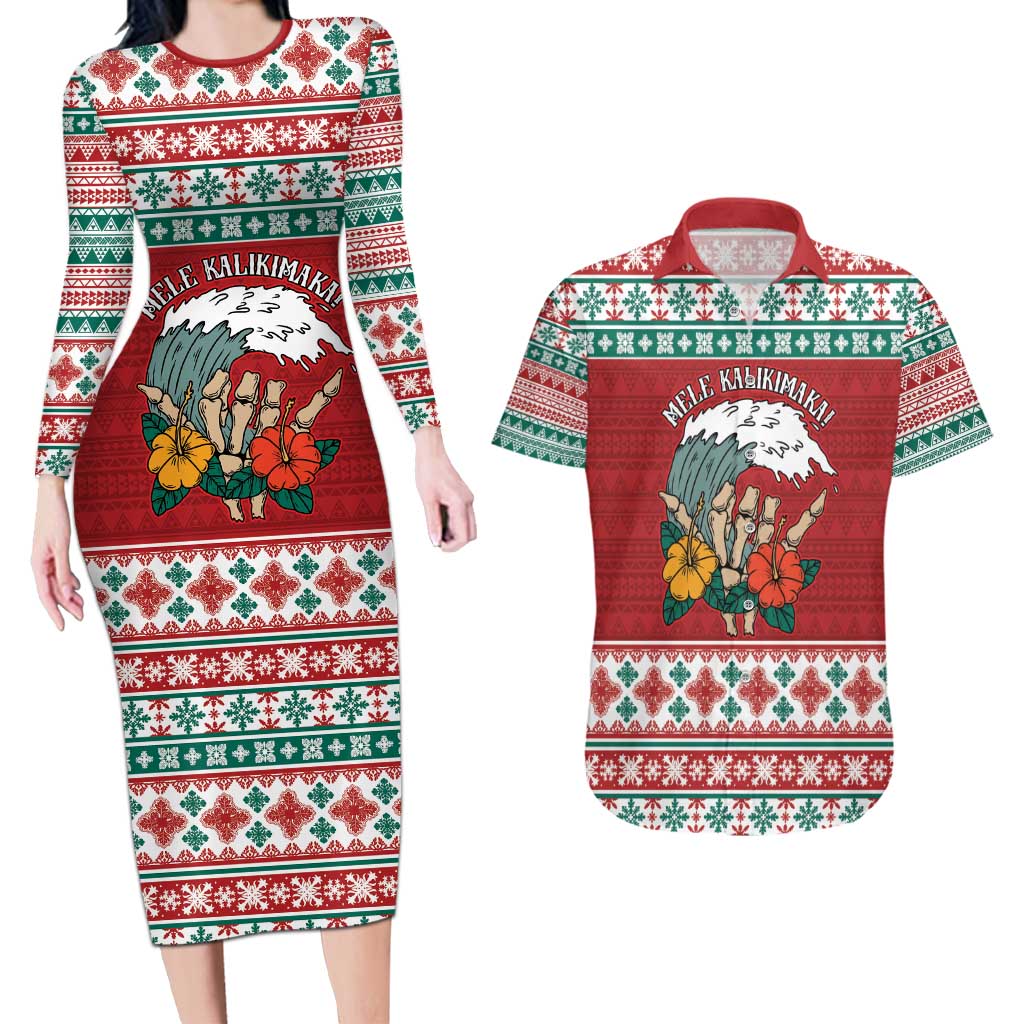 Shaka Sign Skull Mele Kalikimaka Personalized Couples Matching Long Sleeve Bodycon Dress and Hawaiian Shirt Hawaiian Quilt Pattern LT9 Red - Polynesian Pride