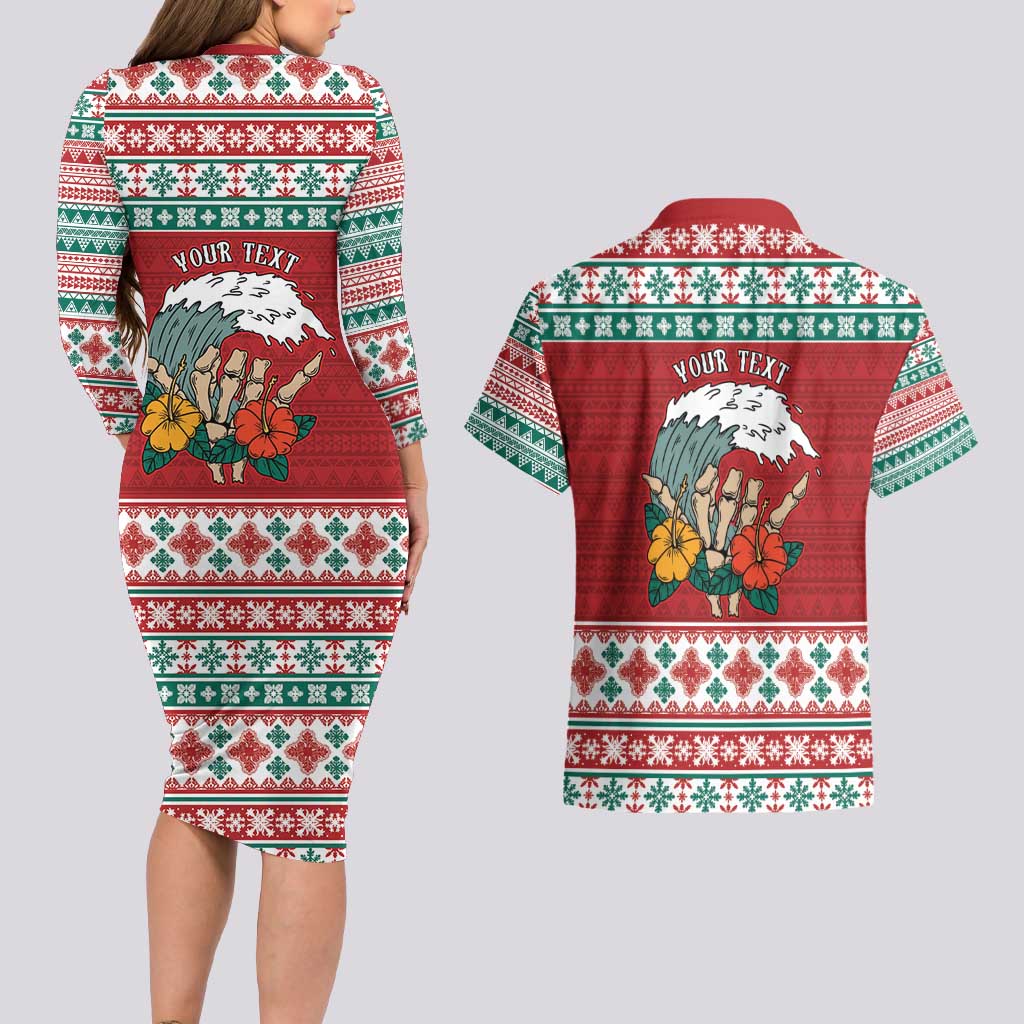 Shaka Sign Skull Mele Kalikimaka Personalized Couples Matching Long Sleeve Bodycon Dress and Hawaiian Shirt Hawaiian Quilt Pattern LT9 - Polynesian Pride