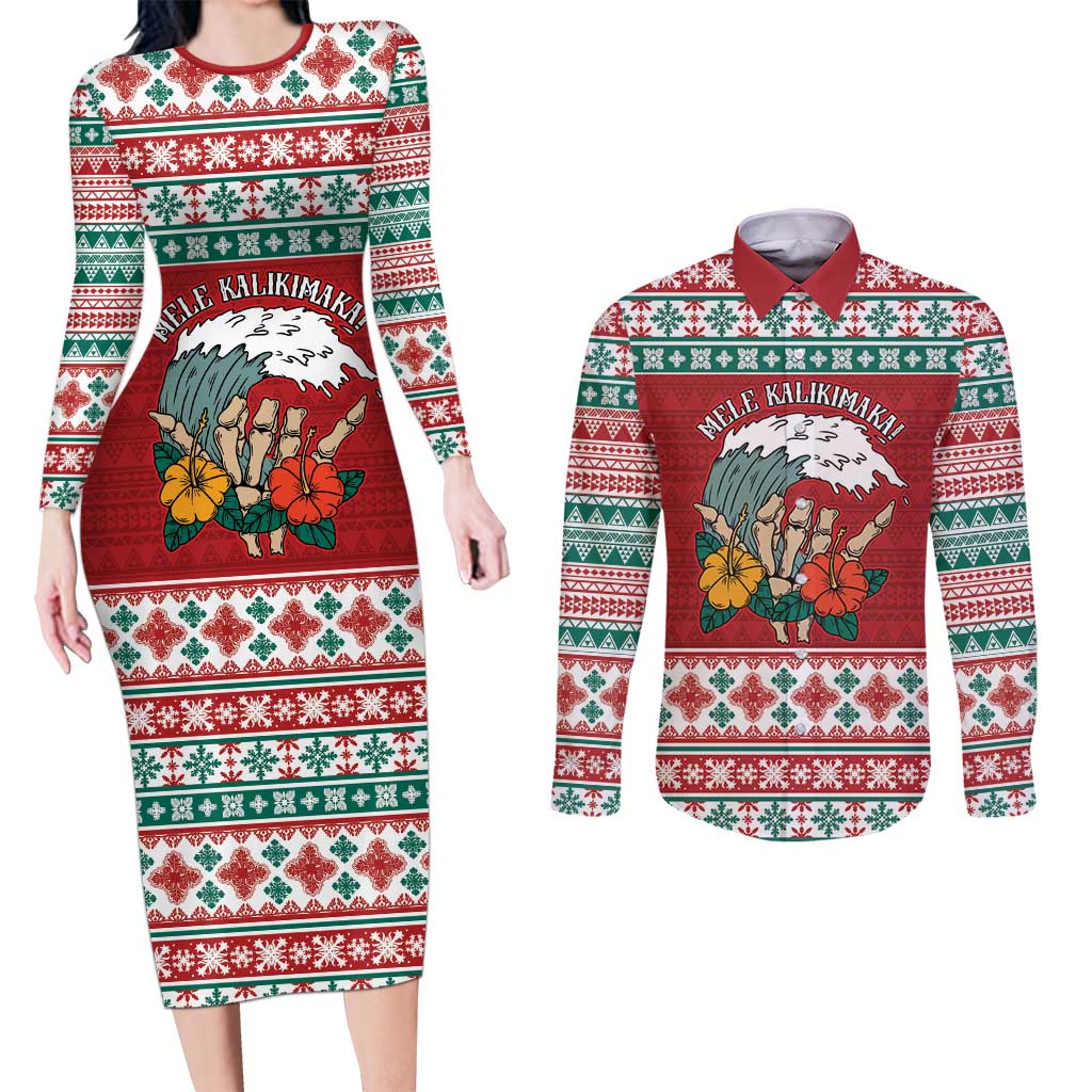 Shaka Sign Skull Mele Kalikimaka Personalized Couples Matching Long Sleeve Bodycon Dress and Long Sleeve Button Shirt Hawaiian Quilt Pattern LT9 Red - Polynesian Pride