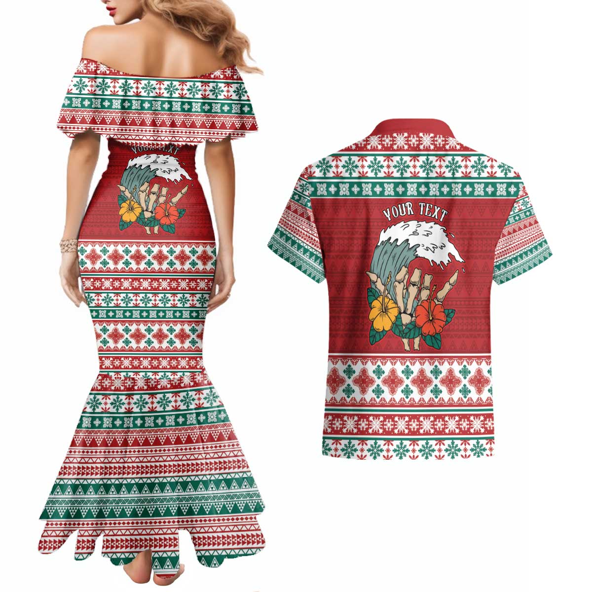 Shaka Sign Skull Mele Kalikimaka Personalized Couples Matching Mermaid Dress and Hawaiian Shirt Hawaiian Quilt Pattern LT9 - Polynesian Pride