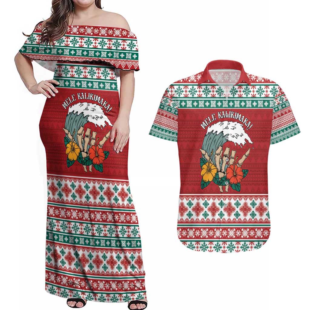 Shaka Sign Skull Mele Kalikimaka Personalized Couples Matching Off Shoulder Maxi Dress and Hawaiian Shirt Hawaiian Quilt Pattern LT9 Red - Polynesian Pride