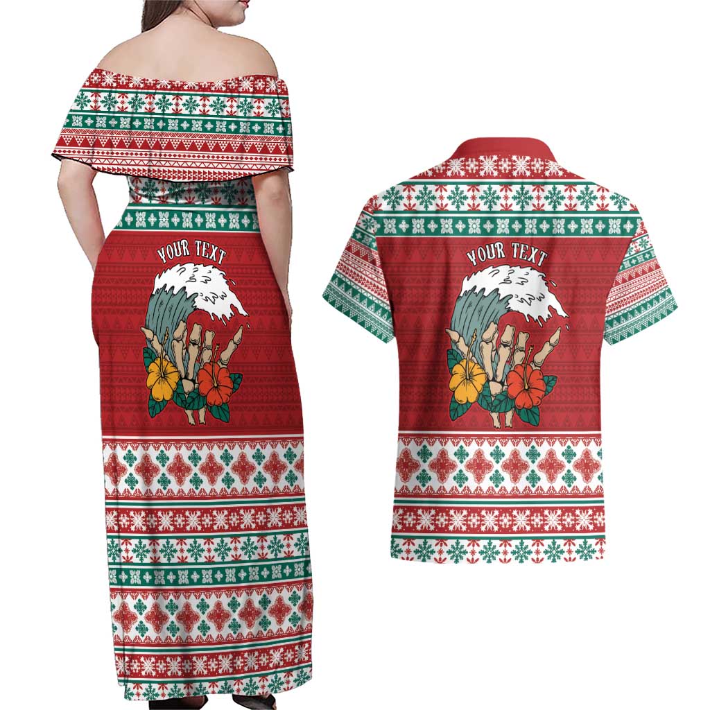 Shaka Sign Skull Mele Kalikimaka Personalized Couples Matching Off Shoulder Maxi Dress and Hawaiian Shirt Hawaiian Quilt Pattern LT9 - Polynesian Pride