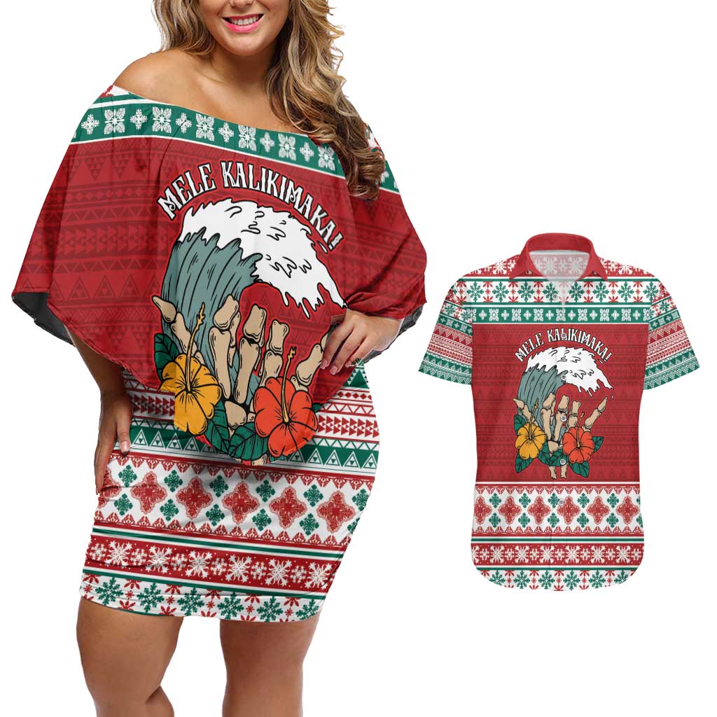 Shaka Sign Skull Mele Kalikimaka Personalized Couples Matching Off Shoulder Short Dress and Hawaiian Shirt Hawaiian Quilt Pattern LT9 Red - Polynesian Pride