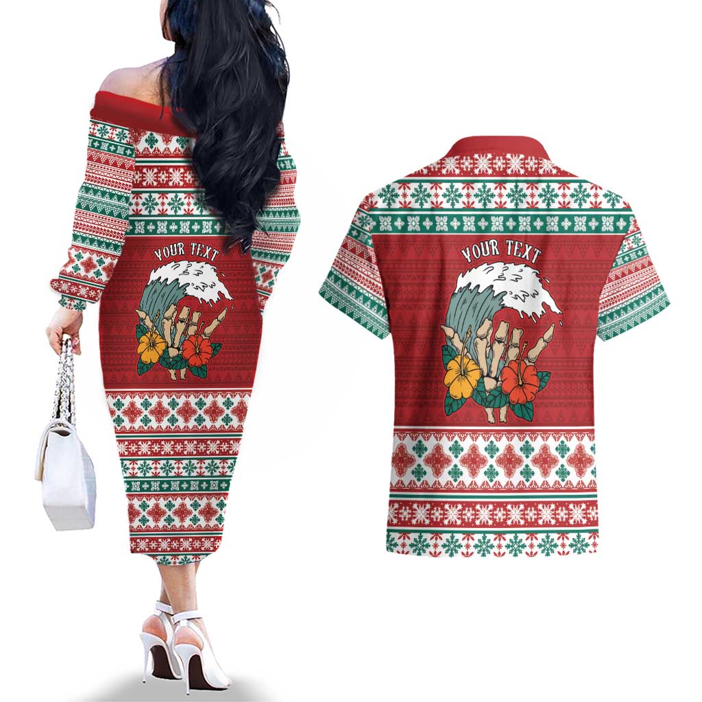 Shaka Sign Skull Mele Kalikimaka Personalized Couples Matching Off The Shoulder Long Sleeve Dress and Hawaiian Shirt Hawaiian Quilt Pattern LT9 - Polynesian Pride