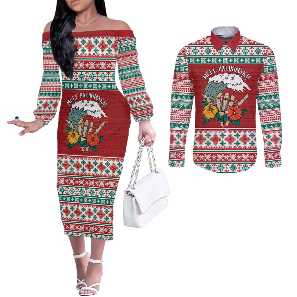 Shaka Sign Skull Mele Kalikimaka Personalized Couples Matching Off The Shoulder Long Sleeve Dress and Long Sleeve Button Shirt Hawaiian Quilt Pattern LT9 Red - Polynesian Pride