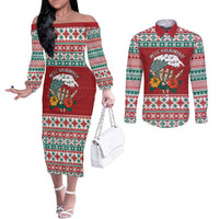 Shaka Sign Skull Mele Kalikimaka Personalized Couples Matching Off The Shoulder Long Sleeve Dress and Long Sleeve Button Shirt Hawaiian Quilt Pattern LT9 Red - Polynesian Pride