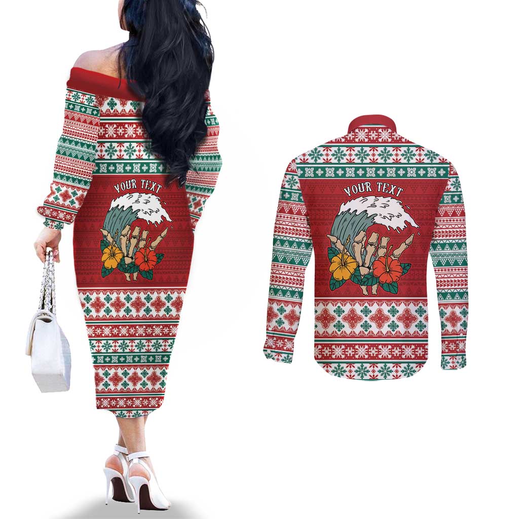 Shaka Sign Skull Mele Kalikimaka Personalized Couples Matching Off The Shoulder Long Sleeve Dress and Long Sleeve Button Shirt Hawaiian Quilt Pattern LT9 - Polynesian Pride
