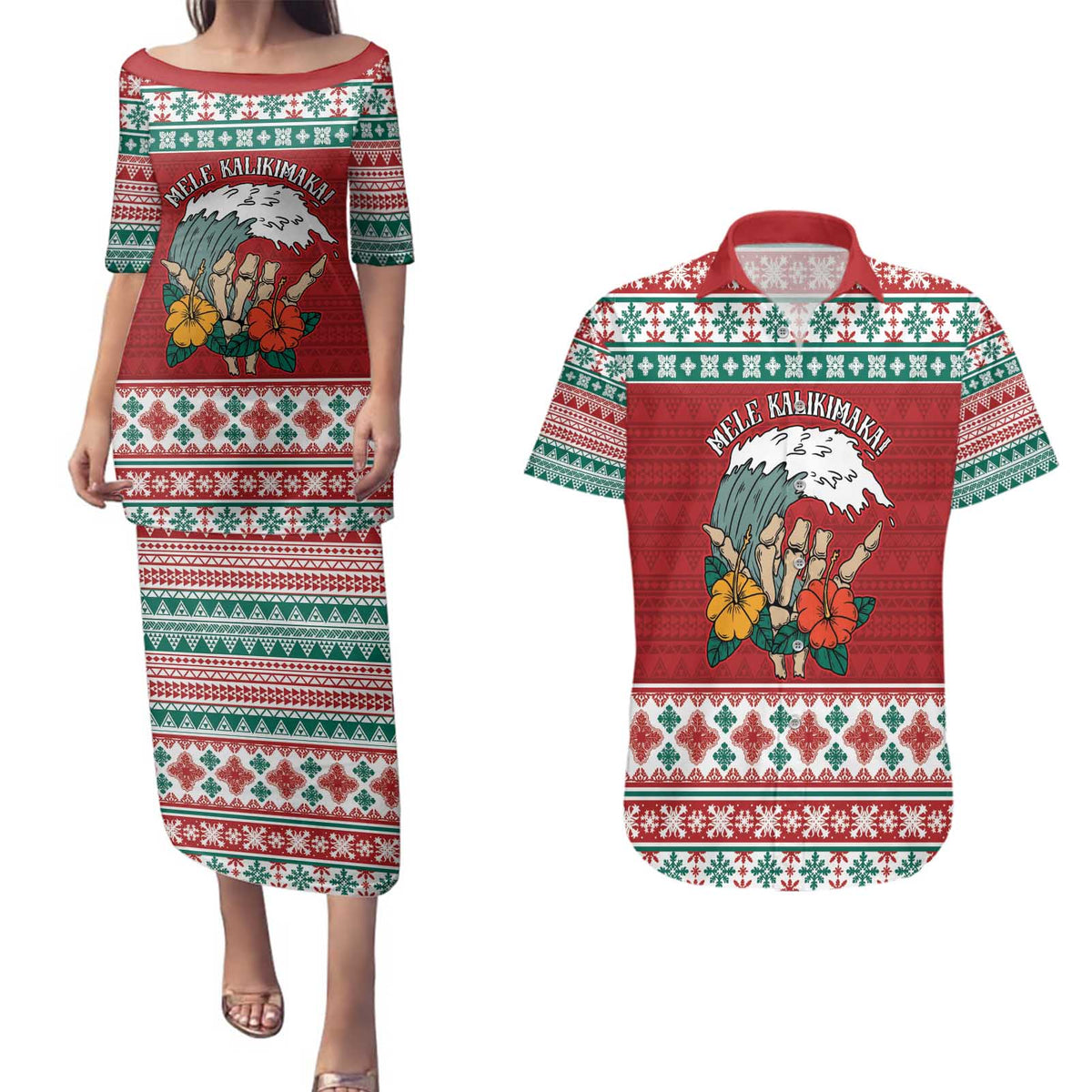 Shaka Sign Skull Mele Kalikimaka Personalized Couples Matching Puletasi and Hawaiian Shirt Hawaiian Quilt Pattern - Polynesian Pride