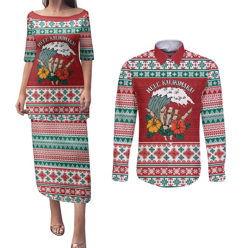 Shaka Sign Skull Mele Kalikimaka Personalized Couples Matching Puletasi and Long Sleeve Button Shirt Hawaiian Quilt Pattern - Polynesian Pride