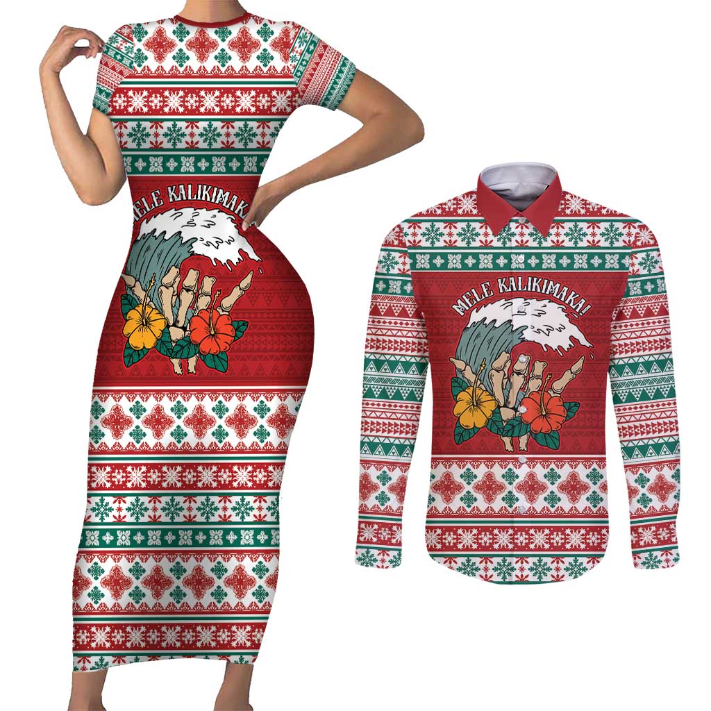 Shaka Sign Skull Mele Kalikimaka Personalized Couples Matching Short Sleeve Bodycon Dress and Long Sleeve Button Shirt Hawaiian Quilt Pattern LT9 Red - Polynesian Pride