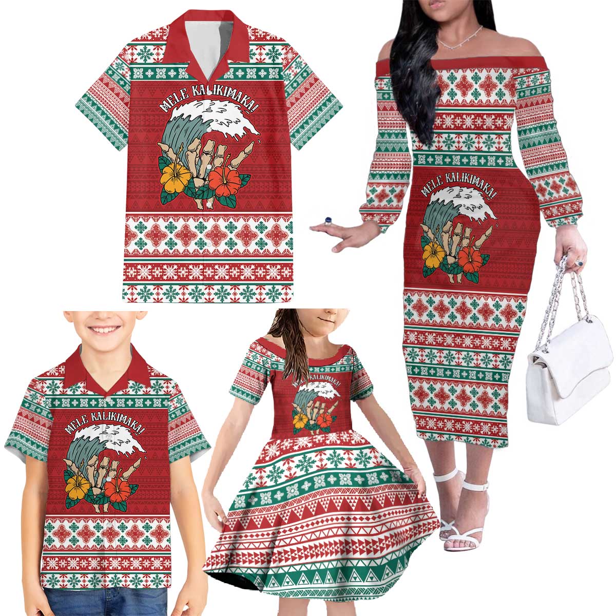 Shaka Sign Skull Mele Kalikimaka Personalized Family Matching Off The Shoulder Long Sleeve Dress and Hawaiian Shirt Hawaiian Quilt Pattern LT9 - Polynesian Pride
