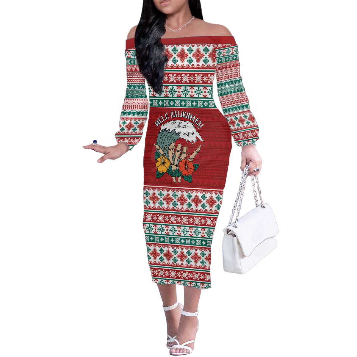 Shaka Sign Skull Mele Kalikimaka Personalized Family Matching Off The Shoulder Long Sleeve Dress and Hawaiian Shirt Hawaiian Quilt Pattern LT9 Mom's Dress Red - Polynesian Pride