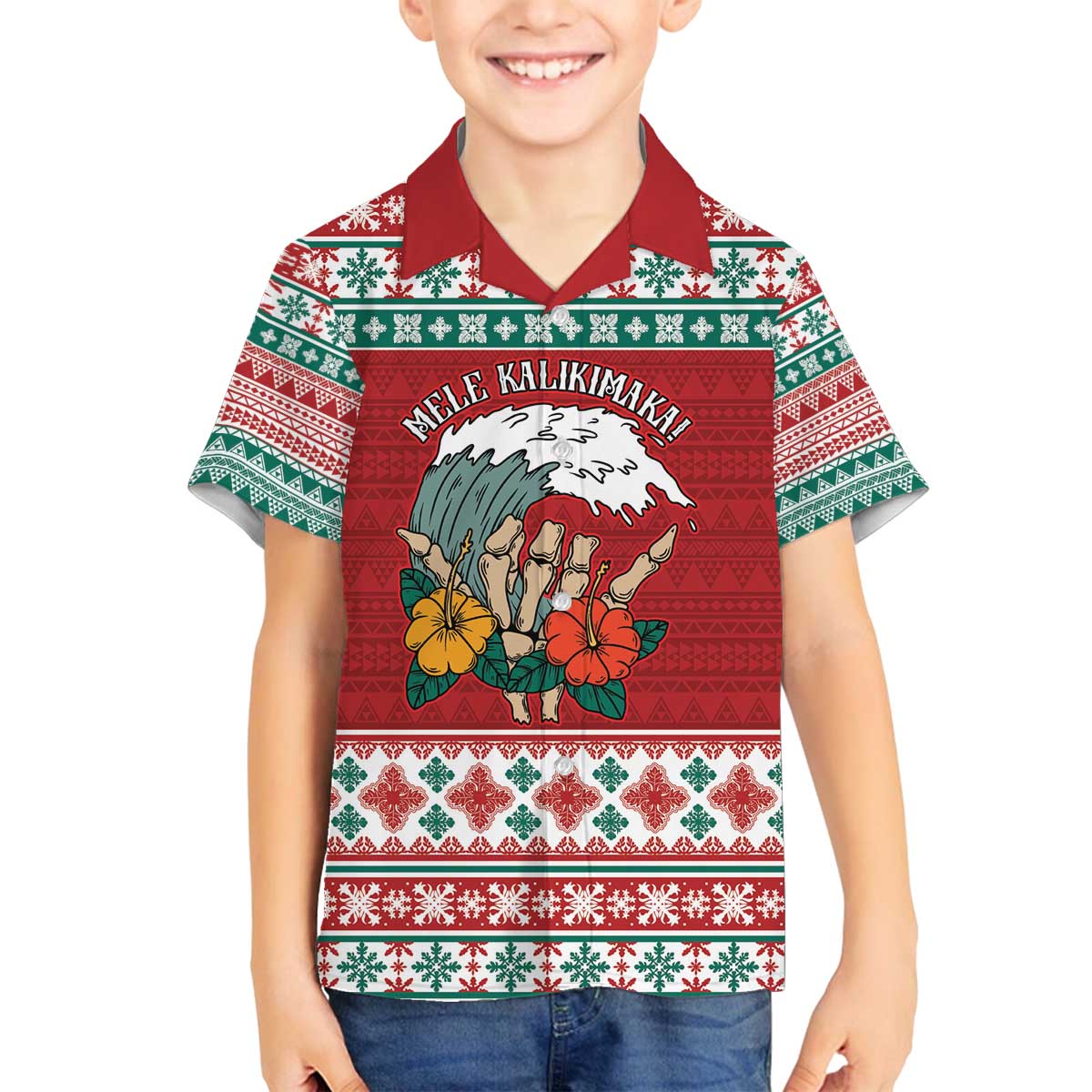 Shaka Sign Skull Mele Kalikimaka Personalized Family Matching Off The Shoulder Long Sleeve Dress and Hawaiian Shirt Hawaiian Quilt Pattern LT9 Son's Shirt Red - Polynesian Pride