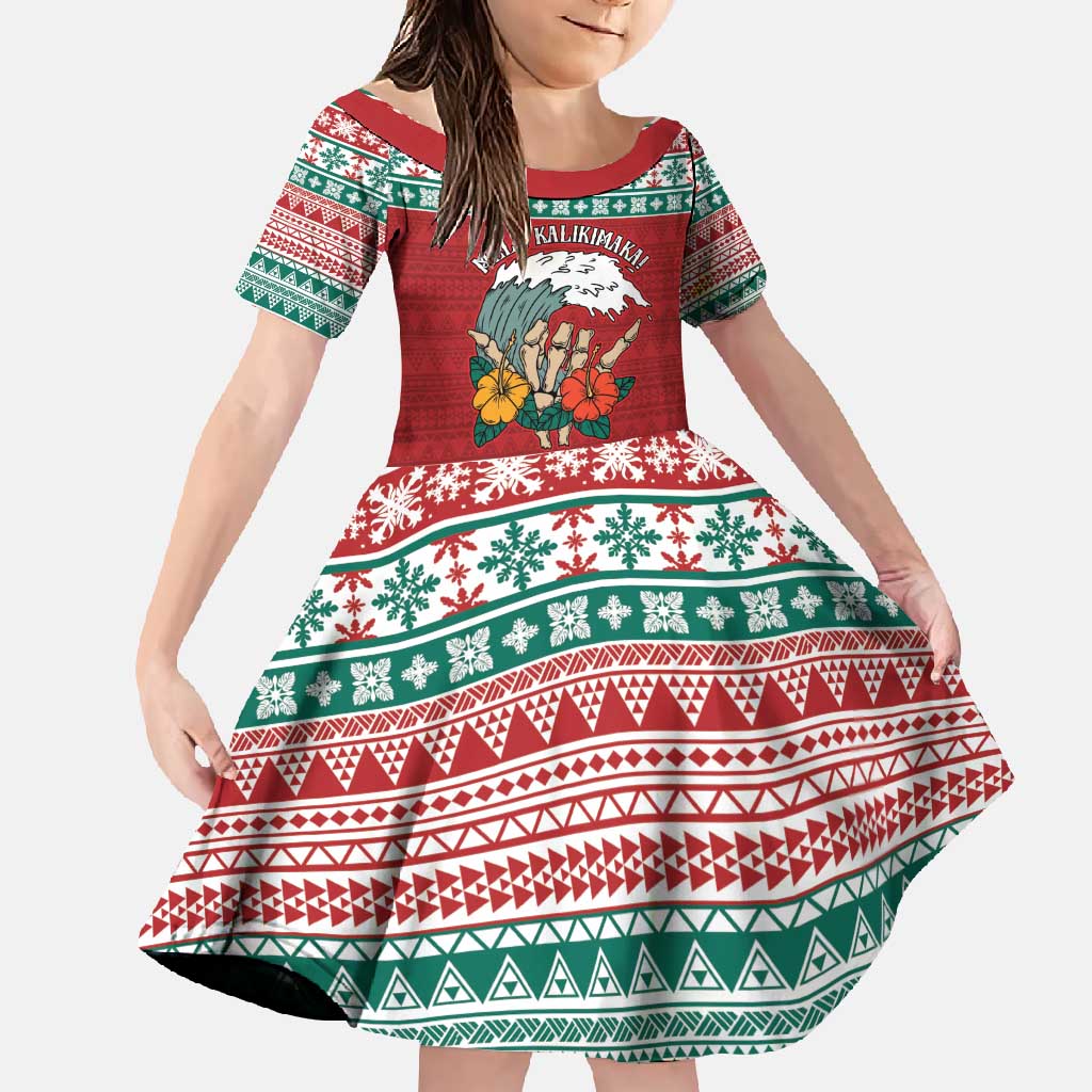 Shaka Sign Skull Mele Kalikimaka Personalized Family Matching Off Shoulder Maxi Dress and Hawaiian Shirt Hawaiian Quilt Pattern LT9 Daughter's Dress Red - Polynesian Pride