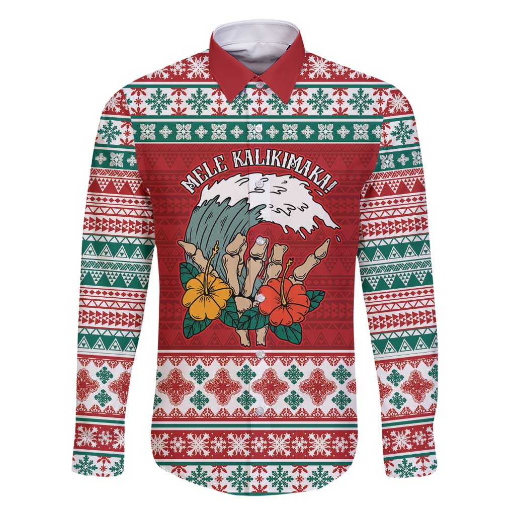 Shaka Sign Skull Mele Kalikimaka Personalized Family Matching Off Shoulder Maxi Dress and Hawaiian Shirt Hawaiian Quilt Pattern LT9 Dad's Shirt - Long Sleeve Red - Polynesian Pride