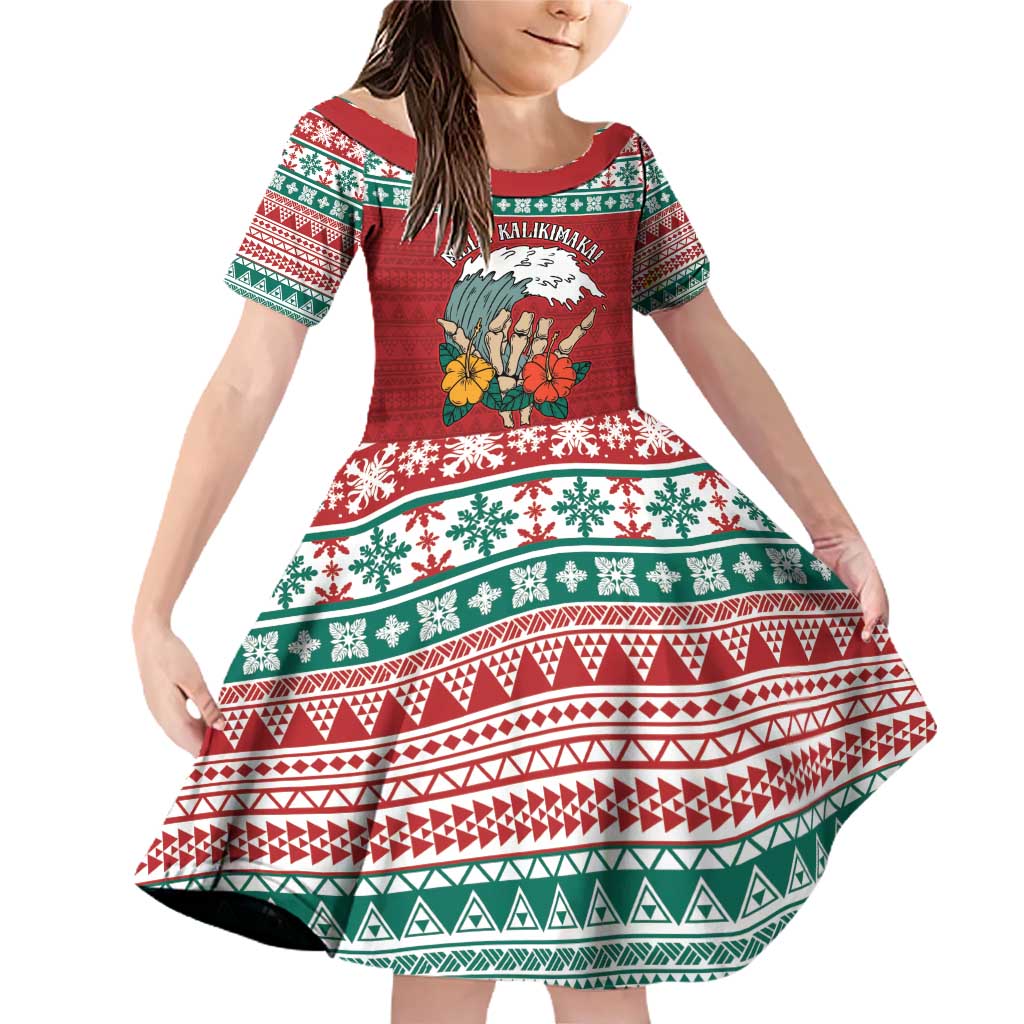 Shaka Sign Skull Mele Kalikimaka Personalized Family Matching Off Shoulder Short Dress and Hawaiian Shirt Hawaiian Quilt Pattern LT9 Daughter's Dress Red - Polynesian Pride