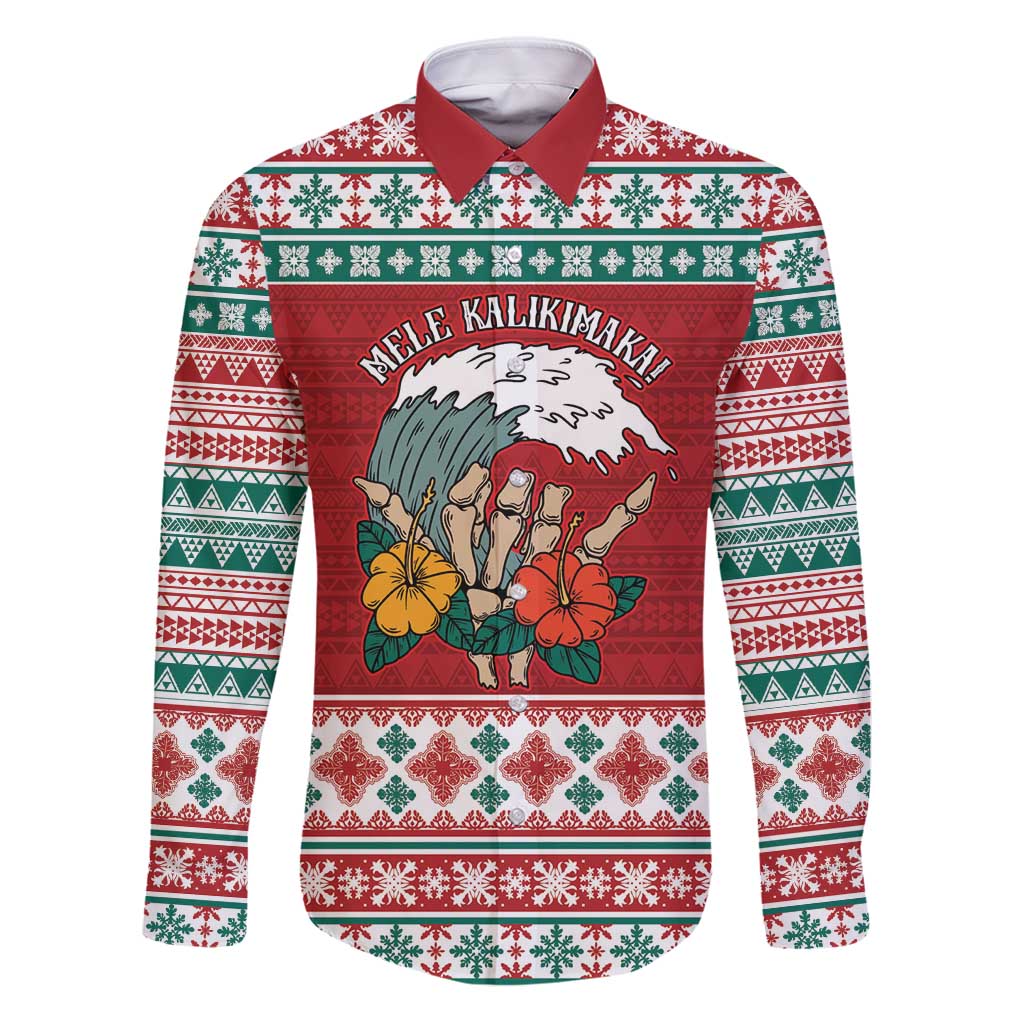Shaka Sign Skull Mele Kalikimaka Personalized Family Matching Puletasi and Hawaiian Shirt Hawaiian Quilt Pattern LT9 Dad's Shirt - Long Sleeve Red - Polynesian Pride