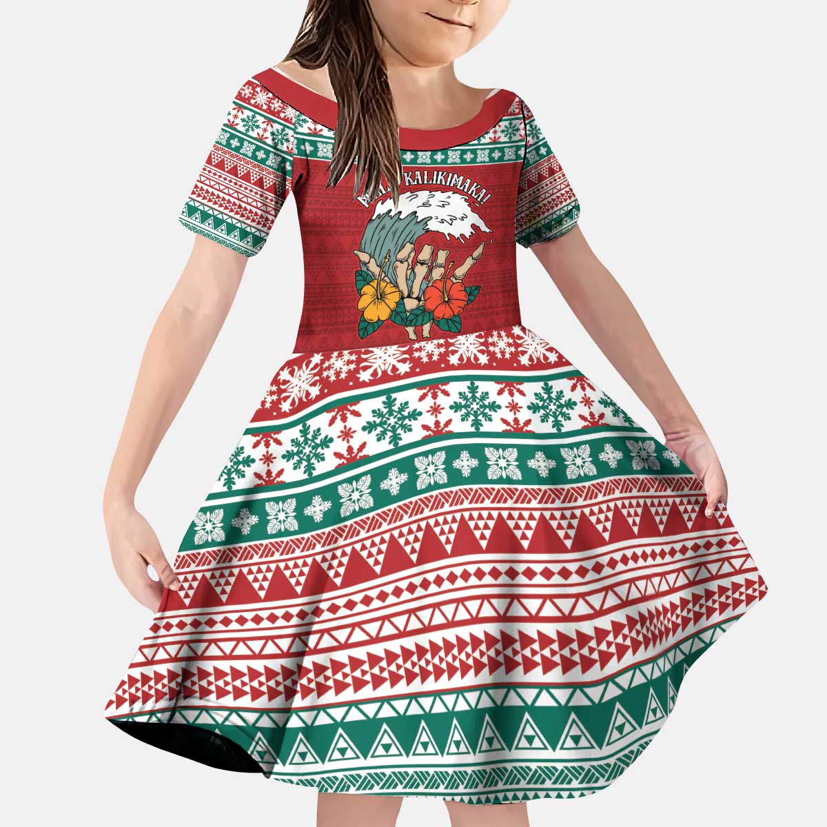 Shaka Sign Skull Mele Kalikimaka Personalized Kid Short Sleeve Dress Hawaiian Quilt Pattern - Polynesian Pride