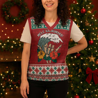 Shaka Sign Skull Mele Kalikimaka Personalized Christmas Knitted V-Neck Vest Hawaiian Quilt Pattern - Polynesian Pride