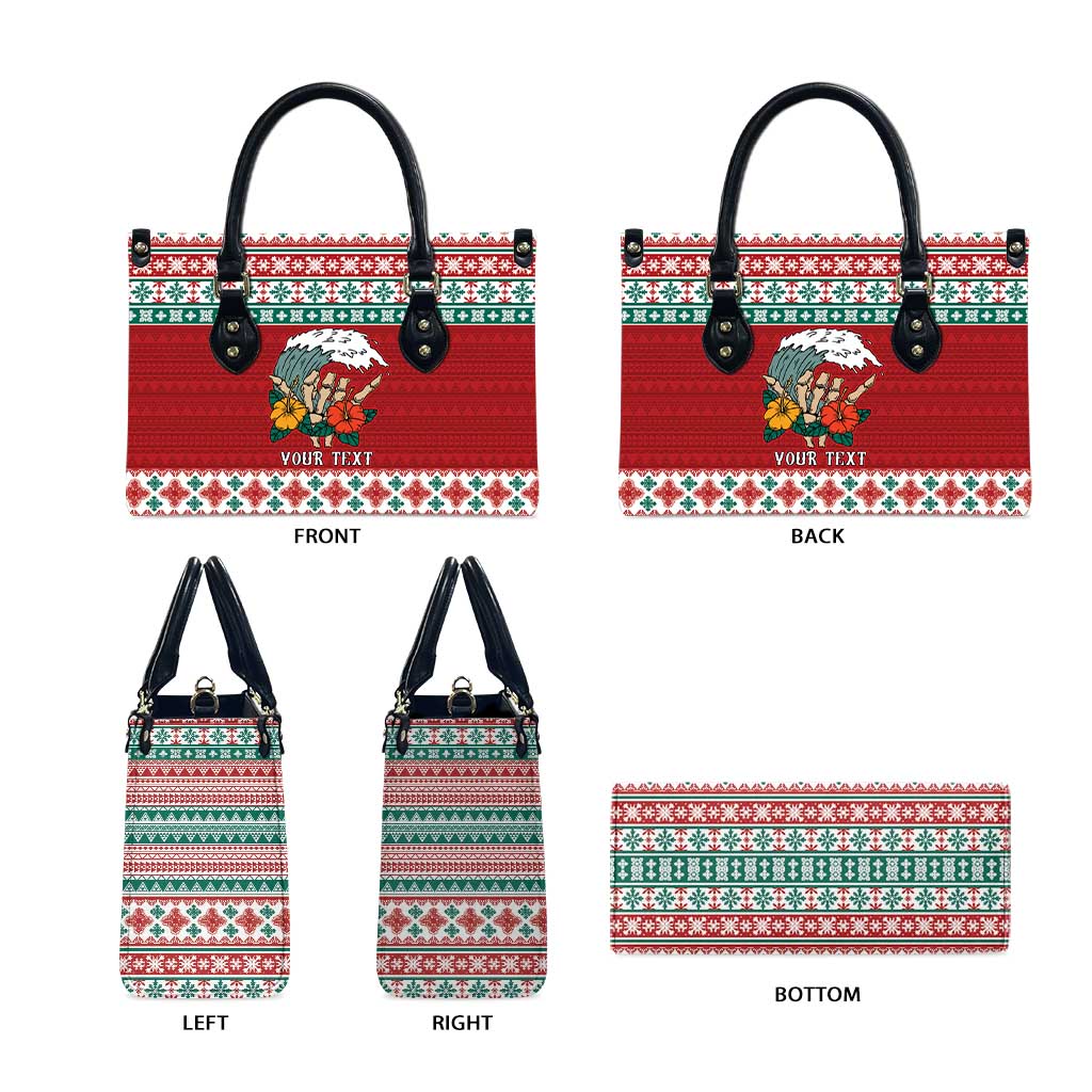 Shaka Sign Skull Mele Kalikimaka Personalized Leather Bag Hawaiian Quilt Pattern - Polynesian Pride