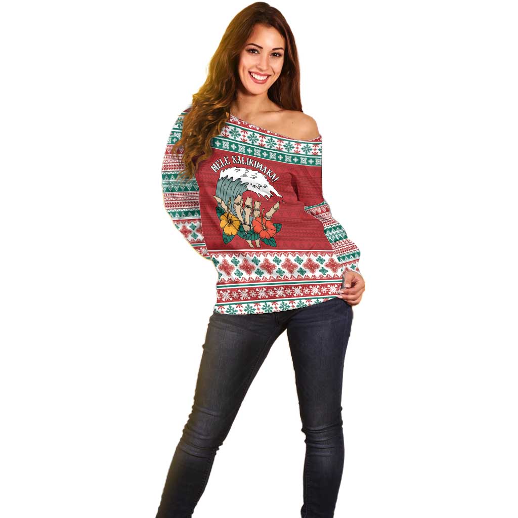 Shaka Sign Skull Mele Kalikimaka Personalized Off Shoulder Sweater Hawaiian Quilt Pattern - Polynesian Pride