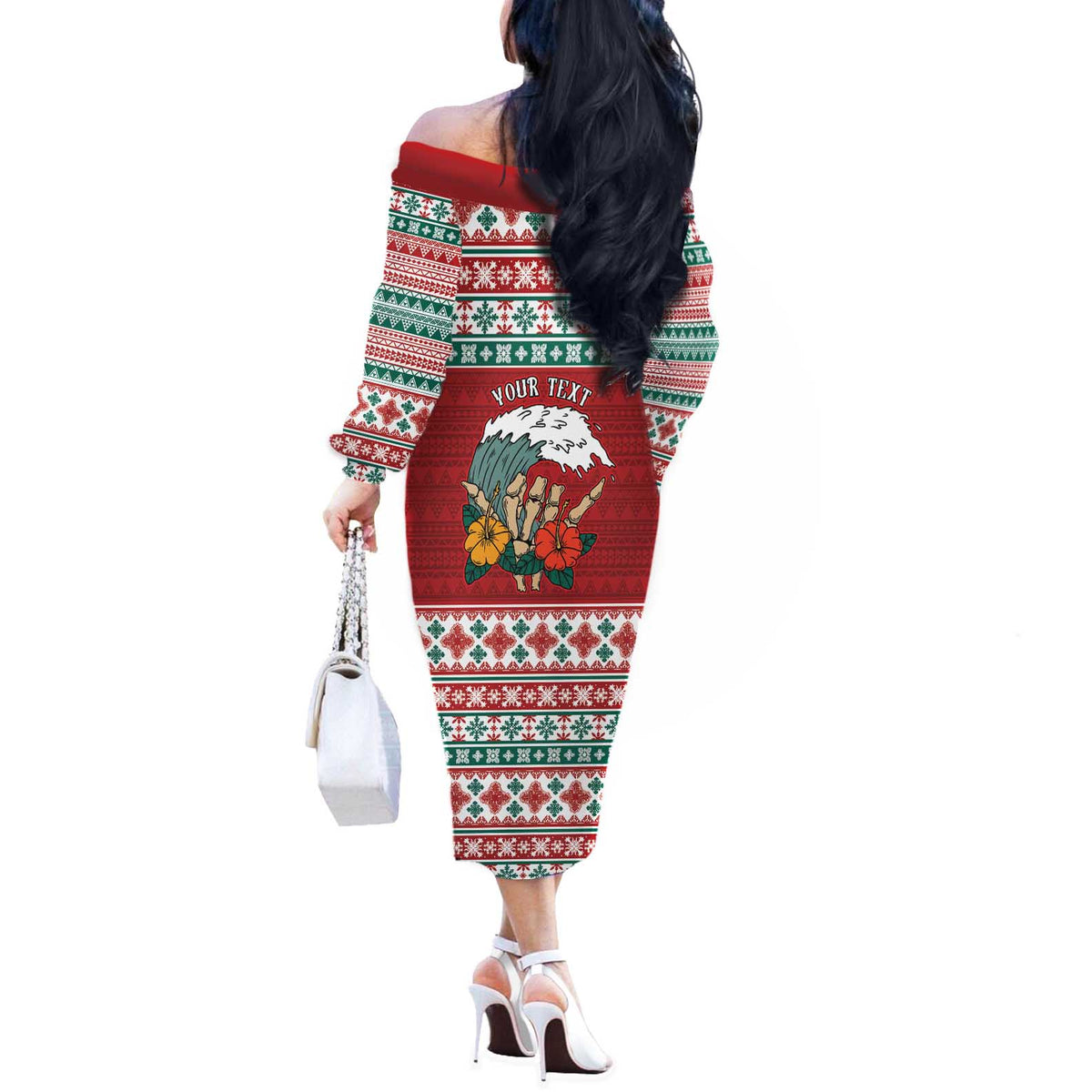 Shaka Sign Skull Mele Kalikimaka Personalized Off The Shoulder Long Sleeve Dress Hawaiian Quilt Pattern - Polynesian Pride