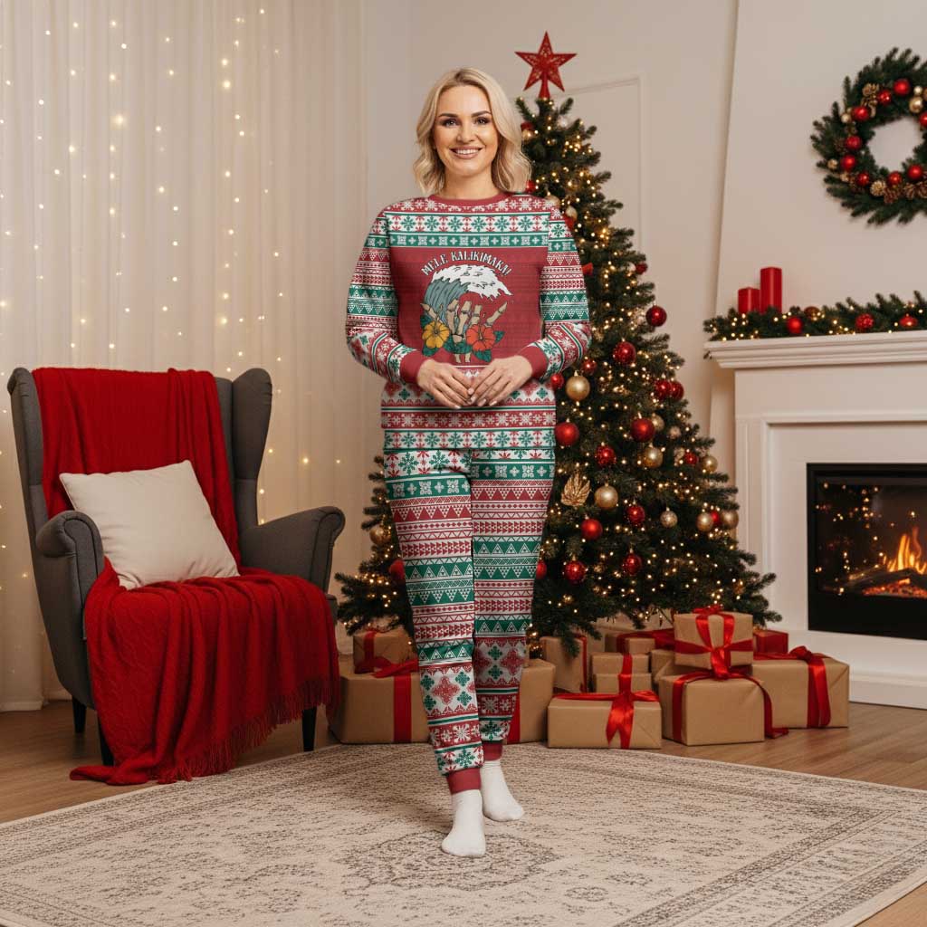 Shaka Sign Skull Mele Kalikimaka Personalized Christmas Pajama Set Hawaiian Quilt Pattern - Polynesian Pride