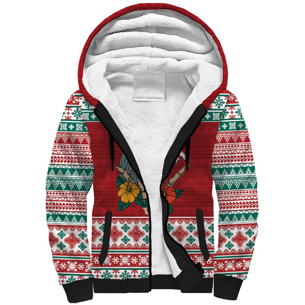 Shaka Sign Skull Mele Kalikimaka Personalized Sherpa Hoodie Hawaiian Quilt Pattern - Polynesian Pride