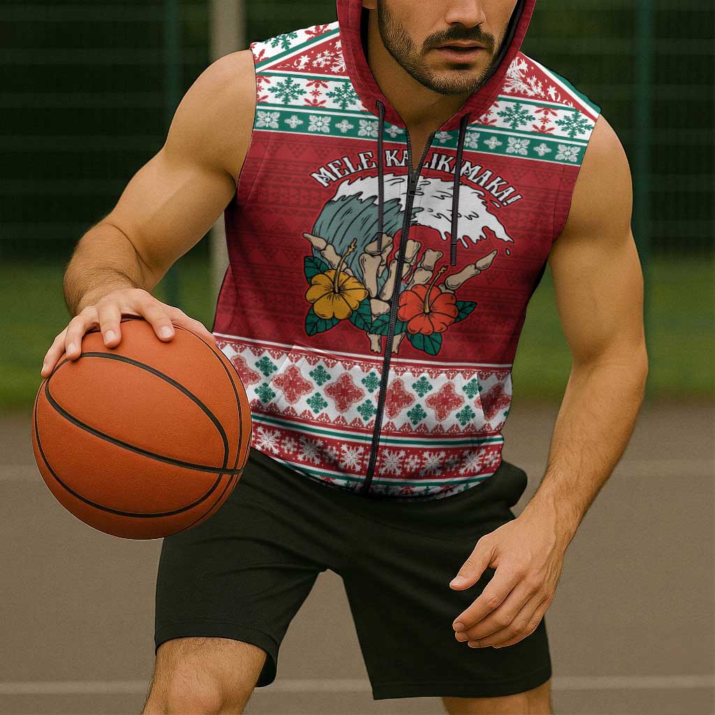 Shaka Sign Skull Mele Kalikimaka Personalized Sleeveless Zip Hoodie Hawaiian Quilt Pattern - Polynesian Pride