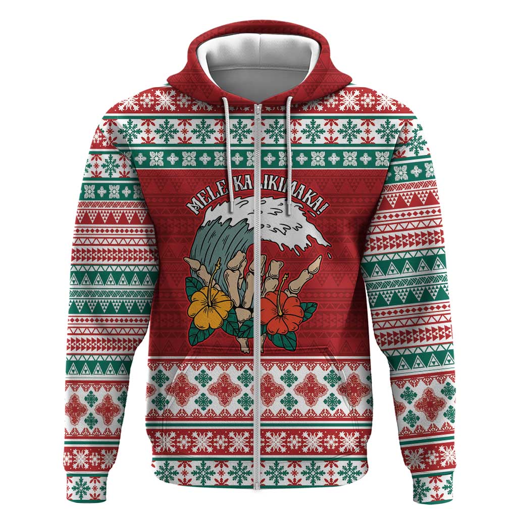 Shaka Sign Skull Mele Kalikimaka Personalized Zip Hoodie Hawaiian Quilt Pattern - Polynesian Pride