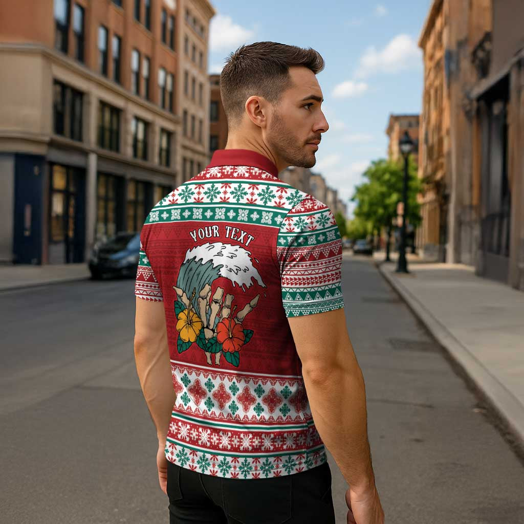 Shaka Sign Skull Mele Kalikimaka Personalized Zipper Polo Shirt Hawaiian Quilt Pattern - Polynesian Pride
