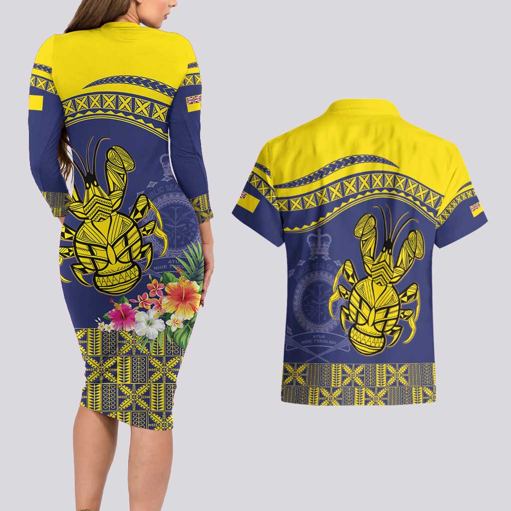 Niue Coconut Crab Couples Matching Long Sleeve Bodycon Dress and Hawaiian Shirt Rock of Polynesia LT9 - Polynesian Pride
