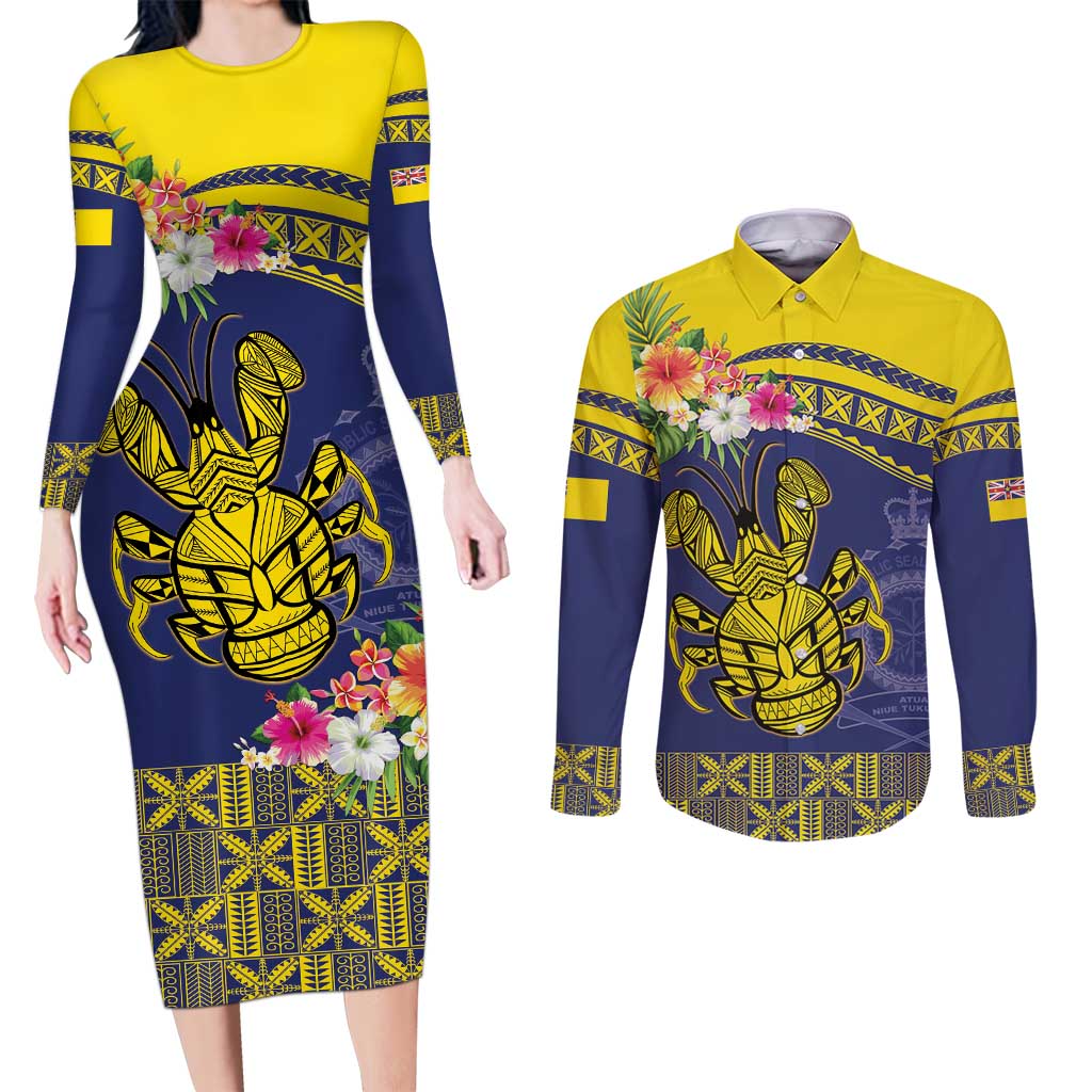 Niue Coconut Crab Couples Matching Long Sleeve Bodycon Dress and Long Sleeve Button Shirt Rock of Polynesia LT9 Gold - Polynesian Pride